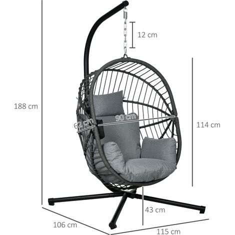 Fauteuil suspendu d'extérieur, coussin inclus, forme ovoïde, 120 cm x 106 cm x 188 cm, gris (1/5)