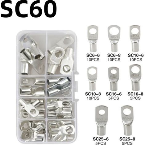 Lot de 60 cosses de câble connecteur cosse à anneau connecteur de câble en cuivre connecteur SC cosses à anneau  (argent)