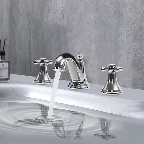 Badezimmer Drei-Loch-Doppelschalter-Wasserhahn, Heiß-Kalt-Wasserhahn, G1/2" Schnittstelle Mischbatteriehahn Badezimmer Küche Dusche Spülbecken (Silber) (1/5)