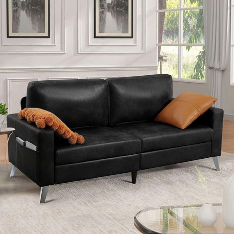 YODOLLA 2 Seater Sofa, Small Sofa with Nubuck Faux Leather, Love Seat for Living Room, Modern Sofa 2 Seater,2m Saddle Black Office Sofa (1/5)