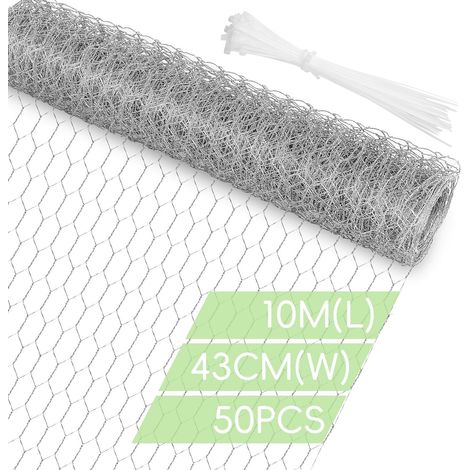 Grillage à poules galvanisé 10m x 43cm, filet de protection pour jardin, poulailler et potager avec 50 attaches (1/5)