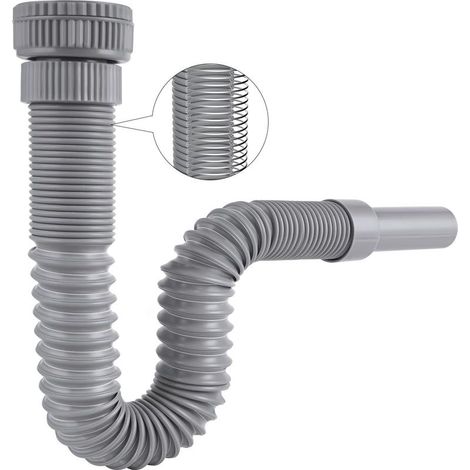 Siphon Lavabo de Bain, Siphon Flexible Anti-Odeurs Avec Fil d\'Acier Encastré, G1 1/4" vers G1 1/2" (≈40 & 45 mm)x 32mm, Siphon Evier Cuisine, Evacuation Evier, Tuyau de Vidange Flexible, Gris (1/5)