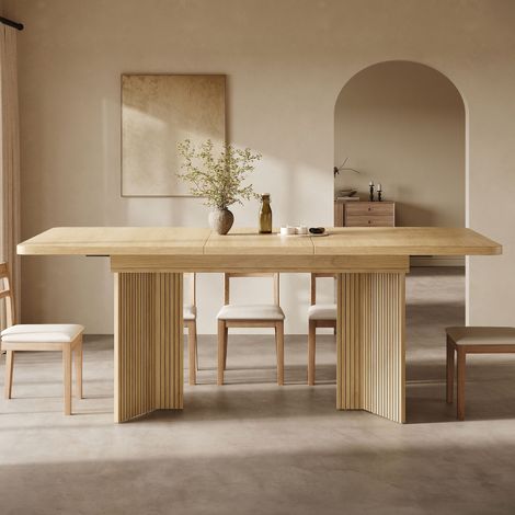 Table à manger extensible 120-160x80x76,1 cm, table de cuisine rectangulaire avec pieds en V, rainures verticales, MDF, chêne (1/5)