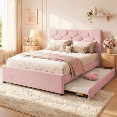 Cama doble 140x200cm cabecero capitoné terciopelo cajón extraíble color rosa (Sin colchón) (1/5)