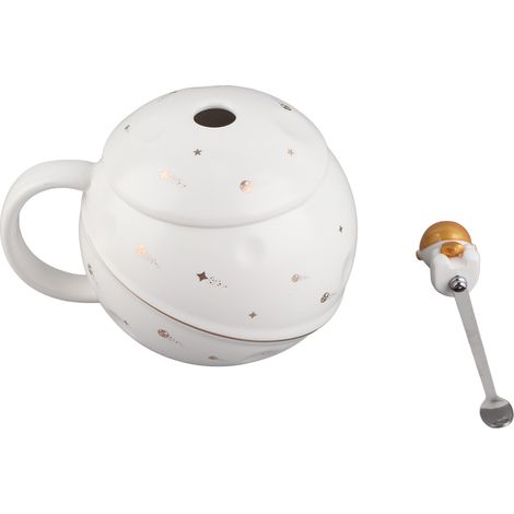 Mug astronaute mignon et original de 400 ml avec poignée ergonomique, en céramique blanche, couvercle et cuillère inclus. Idéal pour le café, le thé et le lait. (1/5)