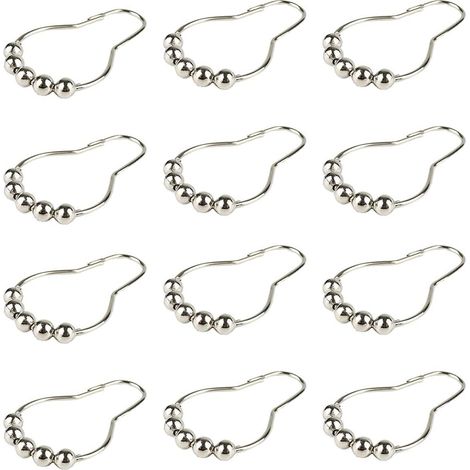 Anneaux Rideaux Douche en Acier Inoxydable Antirouille, Lot de 12 Crochets Rideau Coulissants avec Billes, Anneau Rideau pour Tringle de Bain, Accroche Rideaux Solide et Silencieux, Argent (1/5)