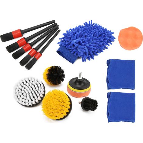 Kit de 15 pièces pour le nettoyage automobile, comprenant brosse rotative, chiffon de polissage, gant de lavage et brosse pour jantes, tableau de bord et moteur. (1/5)