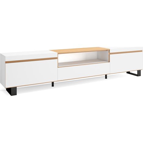Skraut Home - Meuble TV, Banc Télé, Grand espace de Rangement, 260x35x57 cm, TV grand format, Design industriel, Style moderne, Blanc et Chêne Soft (1/5)