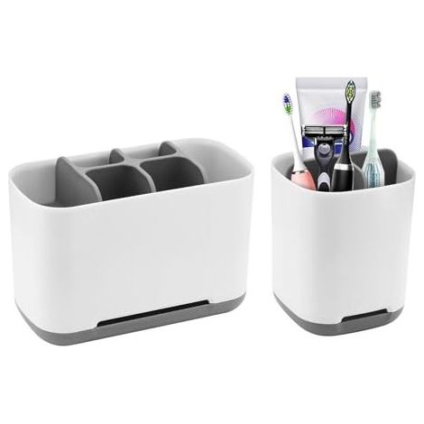 Lot de 2 porte-brosses à dents amovibles pour salle de bain, lavabo, plan de travail, avec trou de drainage, gris (1/5)