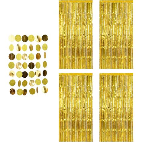 4 Pièces Rideau Métallique, Frange Aluminium Doré 1x2m, Guirlande Papier Incluse, Décoration Anniversaire, Mariage, Noël (1/5)