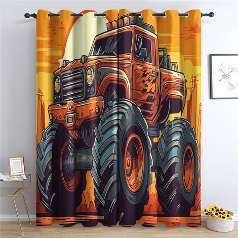 Rideau Monster Truck - Rideau Occultant Thermiques Enfant Garçon Voiture Cool, Lot de 2 Rideaux à Oeillets pour Decoration Chambre Salon, Draperies Intérieurs Fenetre, 140x160 cm (LxH) - 2x L 140 X H (1/5)