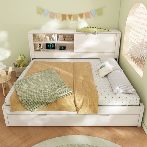 lit adulte couchage 140x190 bois blanc rangement malin HAVRYA (1/5)