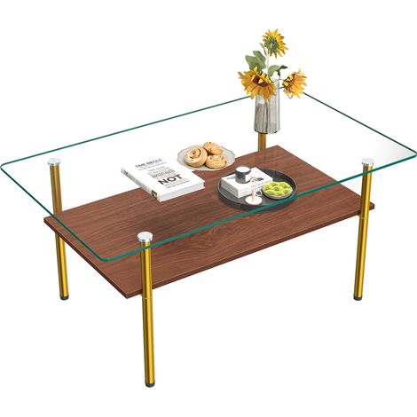 Table basse rectangulaire plateau verre, étagère MDF, structure métal doré style luxe, aspect bois, H45 x L98 x P58 cm salon (1/5)