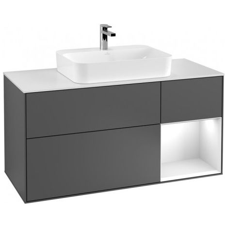 Finion, Meubles sous lavabo, 1200 x 603 x 501 mm, Angulaire,avec meuble étagère (éclairé), modèle suspendu, En bois, lavabo au milieu, éclairage LED, 1x LED / 2,3W, 2700 K à 6480 K, Black Matt Lacquer