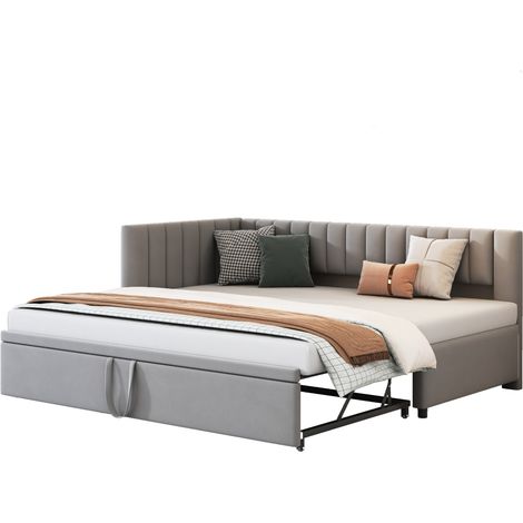 Lit avec rangement gigogne L en velours gris 90x200 cm extensible, sommier à lattes inclus (1/5)