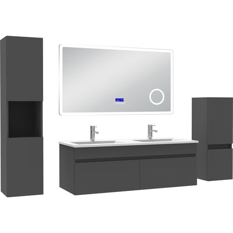 Océan Ensemble meuble salle de bain 120 cm anthracite, lavabo céramique + 2 colonnes + Miroir Bluetooth avec 3 couleurs dimmable, suspendu (1/5)