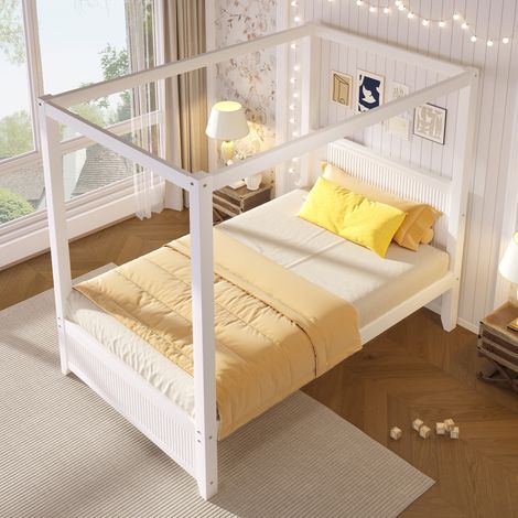 Cama con dosel 90x200 cm blanca de madera maciza y MDF con lamas verticales (1/5)