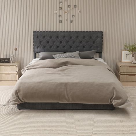 Lit coffre gris 160x200 avec tête rembourrée et tiroirs (1/4)