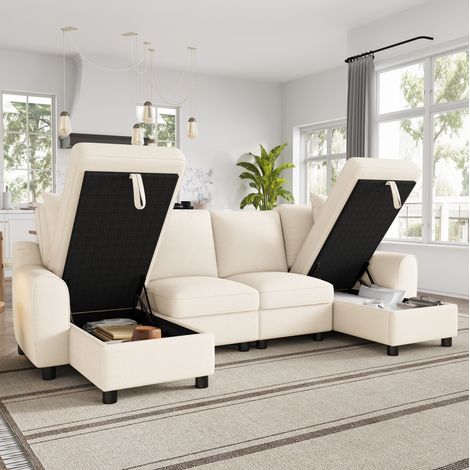 CHICFURN Divano a U 280x137x84 cm in ciniglia beige con contenitore, 2 chaise longue (1/5)
