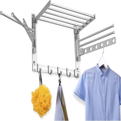 Étendoir à linge mural à 6 bras pivotants, 2 barres pivotantes avec 6 trous et 5 crochets, pliable et peu encombrant, en aluminium (noir, 40 cm). (1/5)