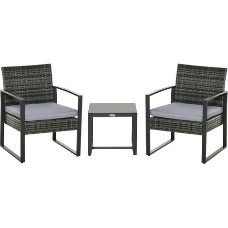 Zweisitzer-Gartenmöbelset aus synthetischem Rattan, Balkonmöbelset mit Kissen, Gartengrau