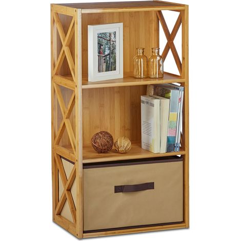 2x Scaffale con Cestino per il Bagno, Mobiletto con 3 Ripiani, Bambù, Box Pieghevole, HxLxP: 80 x 42 x 29 cm ca.