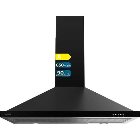 Campana piramidal bolero flux pm 906500 black a de 90cm de ancho, acabado negro, succión 650m3/h, motor 165w, clase a, control mecánico, 3 niveles de potencia, luz y filtro de carbono.