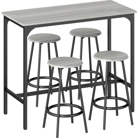 Ensemble table haute et 4 tabourets bar avec repose-pieds, métal noir et finition bois, pour cuisine ou salle à manger. (1/5)