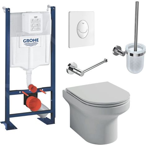 Pack WC suspendu Jacob Delafon sans bride Elite abattant + Bâti support Grohe RapidSL + plaque blanche + Porte-balai + Porte-rouleau (1/3)