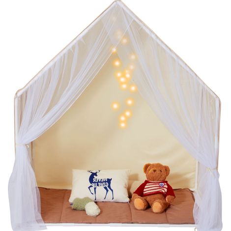 Tente de jeu pour enfants 1-5 ans, avec tapis et lampe, fenêtres, pour intérieur et extérieur, yourte beige pour garçons et filles. (1/5)