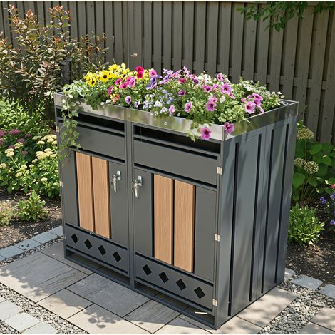 Armoire cache-poubelles extérieure à 2 portes, jardinière et acier galvanisé (1/5)