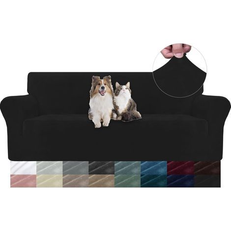 Stretch Velvet Sofa Cover, 3-Seater, Non-Slip, Pet-Friendly, Black (1/5)