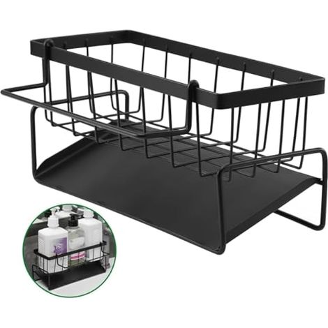 Organisateur Evier Cuisine, Porte Eponge Evier Cuisine avec Bac De Vidange Automatique et Porte-Serviettes, Acier au Carbone Éponge Support Evier pour Brosse Chiffons Savons, Noir (1/5)
