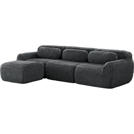 Modulares L-Sofa aus weichem grauen Stoff, rahmenlos, 3-Sitzer, mit Kissen (1/5)