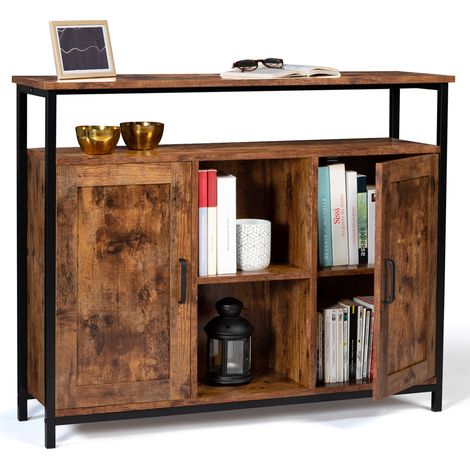 Idmarket – Buffet 100 cm 2 portes – Étagères réglables – Bois effet vieilli – Style industriel – Dimensions L. 100 x l. 30 x h. 81 cm