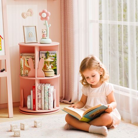 Bibliothèque d’Angle Ronde et Rotative pour Enfants Etagère de Rangement Autoportante à 2 Niveaux Pivotante à 360° Salon Rose (1/3)