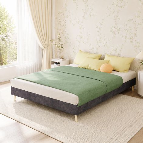 Cama 140x200 cm gris en tejido terciopelo holandés, base baja, sin cabecero HAVRYA (1/5)