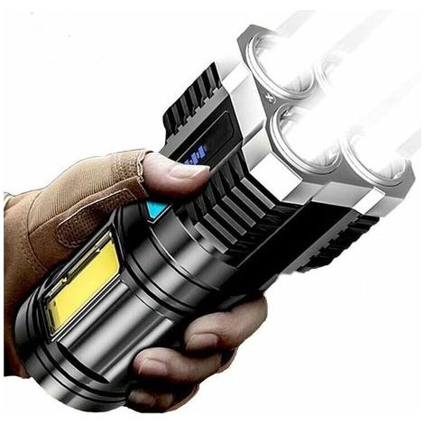 Lampe de poche 4/5 cœurs super lumineuse rechargeable d'extérieur multifonction P1000 super lumineuse LED rechargeable 100 000 lumens XHP70.2 lampe de poche tactique étanche IPX5 (4 noyaux) [Classe én (1/4)