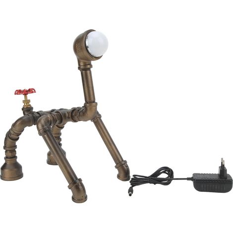 Lampe de table en métal style industriel créatif, lampe en forme de chiot fabriquée à partir d'un tuyau d'eau, lampe décorative LED pour bureau ou chambre, lumière blanche froide (1/5)