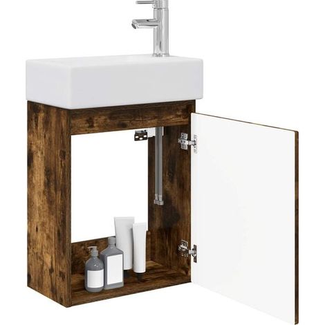 Meuble de Salle de Bain avec Robinet, Couleur Chêne Fumé (1/5)