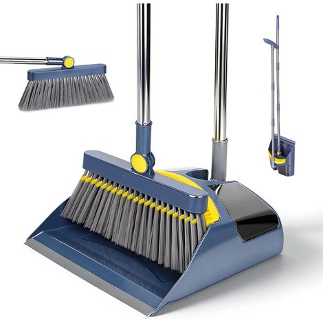 Long Handle Broom and Dustpan Set, Blue 180° Rotatable Soft Bristles, Ergonomic Handle 112 cm, Foldable with Detangling Comb – Indoor, Outdoor, Home, Office (1/5)