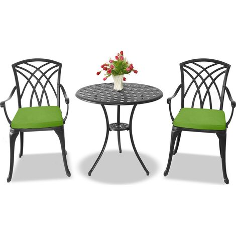 Centurion Supports OSHOWA Luxurious Garden & Patio Table & 2 Large Chairs with Armrests Cast Aluminium Bistro Set - Black with Green Cushions (1/5)