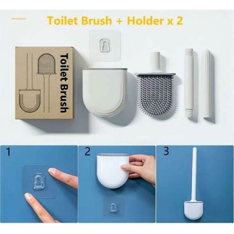 Brosse WC - Tete En Silicone - Support Mural Antigoutte - Sechage Rapide - Lot De 2 (1/5)