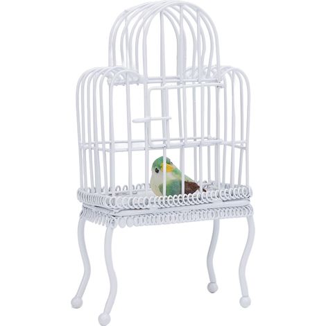 Cage à oiseaux miniature en métal à l'échelle 1:12 pour maison de poupée, avec porte ouvrante réaliste, fausse herbe et autocollant d'oiseau blanc. (1/5)