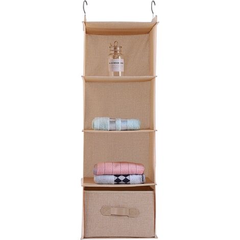 Hängender Kleiderschrank-Organizer mit 4 Ablagen und Schubladen, beige, tragbar (1/5)