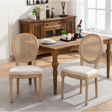 Lote de 2 sillas de comedor, estructura de madera, revestimiento de lino y respaldo de ratán, crema y beige (1/5)