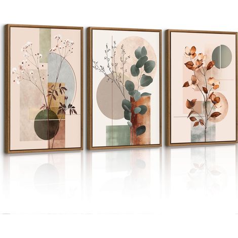 3Pcs En Bois Cadre Beige Géométrique Plantes Floral Tableau Décoration Murale Salon Botanique Coton Eucalyptus Feuille Impression sur Toile Peintures sur Toile Décor Murale Pour Chambre Maison 30x40x3 (1/5)