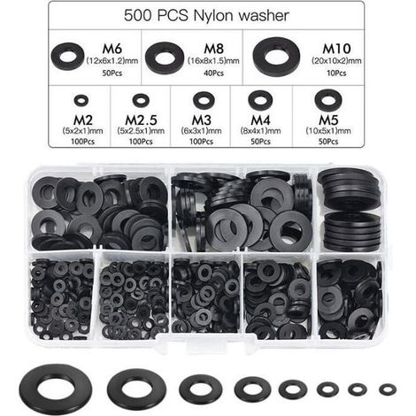Joint en nylon, rondelle d'entretoise ronde de rondelle plate noire de 500PCS compatible avec M2 M2.5 M3 M4 M5 M6 M8 M10 (1/5)