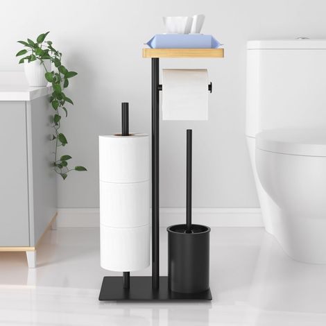1 - Porte Papier Toilette - Brosse WC - Support De Rouleau Avec Étagère Et Boîte À Lingettes - Acier Inoxydable Et Bambou - Pour Salle De Bain - Noir Mat - 25x15x60cm (1/5)