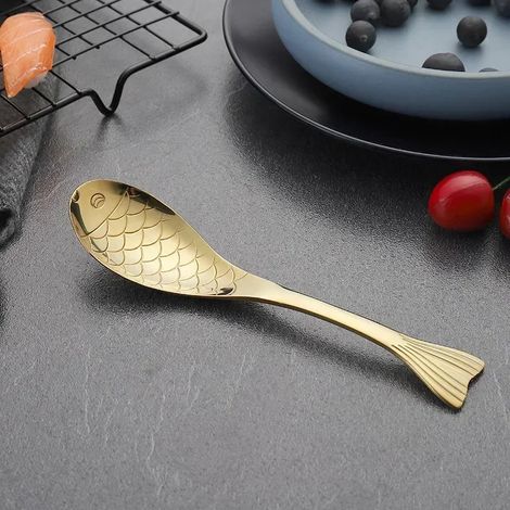(Or, 13,2 cm, 3 pièces) Cuillères en acier inoxydable en forme de poisson, couverts de qualité alimentaire, adaptées aux desserts glacés. (1/4)